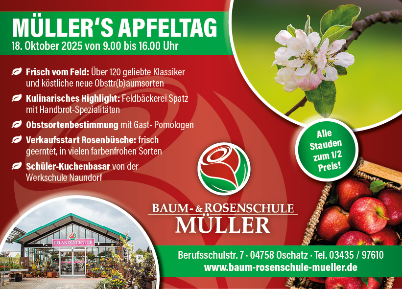 Flyer Apfeltaf 2025 Müller Pflanzencenter Garten- und Landschaftsbau Baum- und Rosenschule